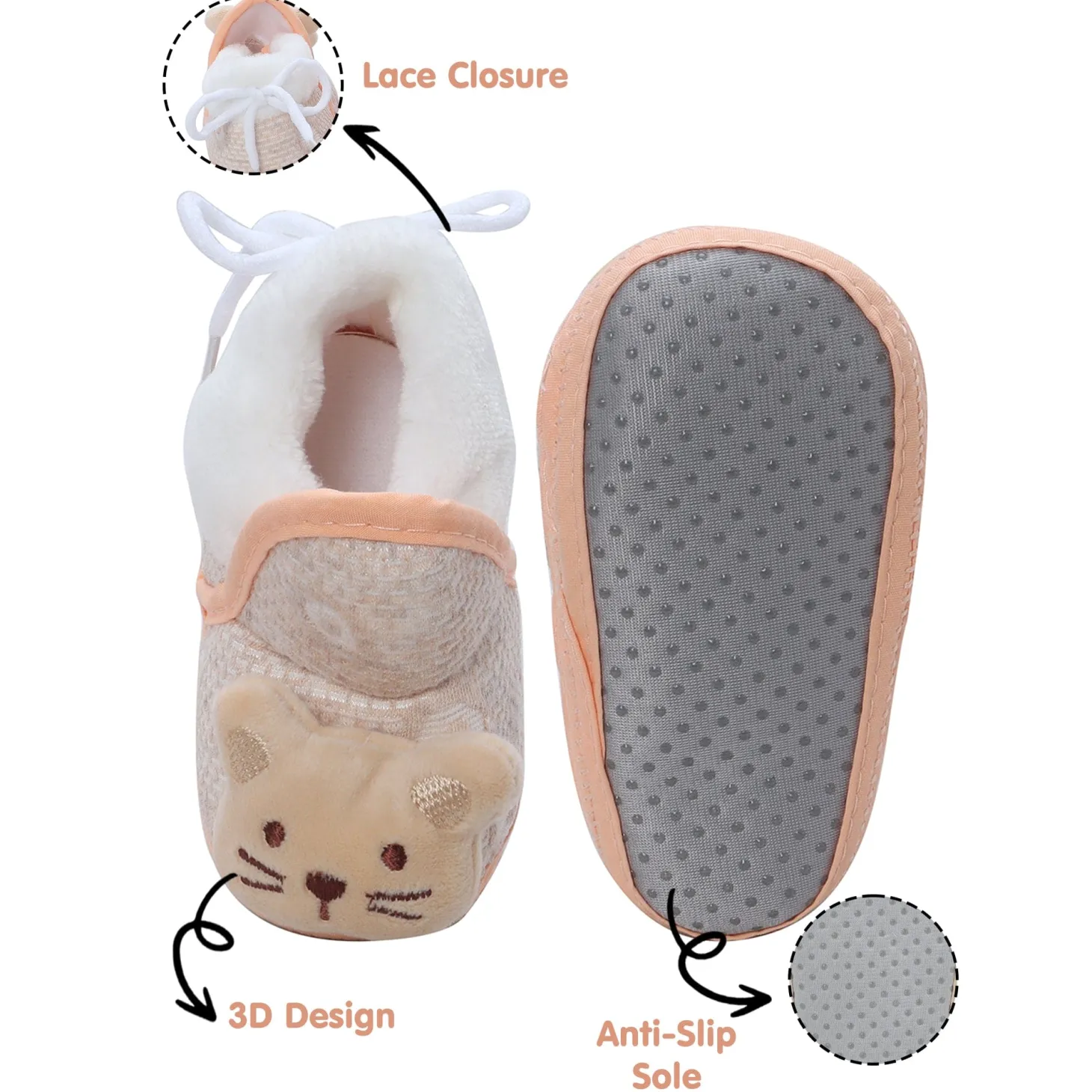 Baby Moo 3D Cute Kitty Soft Slip-On Anti-Skid Plush Warm Booties - Beige