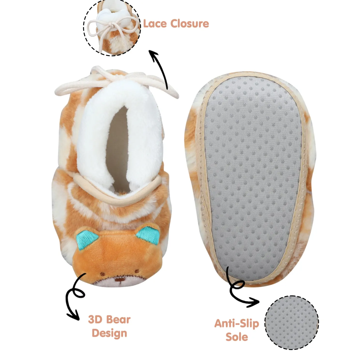 Baby Moo 3D Dear Bear Soft Slip-On Anti-Skid Plush Warm Booties - Brown