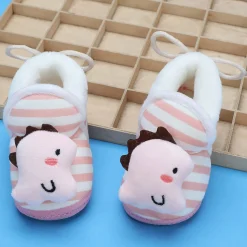 Baby Moo 3D Dino Striped Soft Slip-On Anti-Skid Plush Warm Booties - Peach