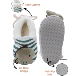Baby Moo 3D Dino Striped Soft Slip-On Anti-Skid Plush Warm Booties - Green