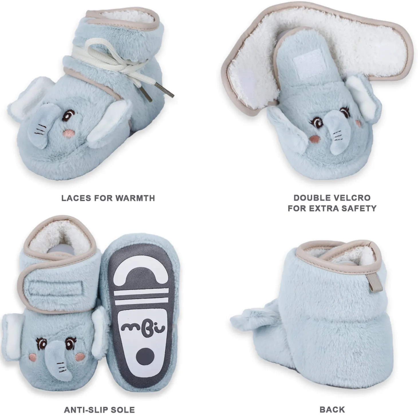 Baby Moo 3D Elephant Cozy Soft Velcro Furry Booties - Sky Blue