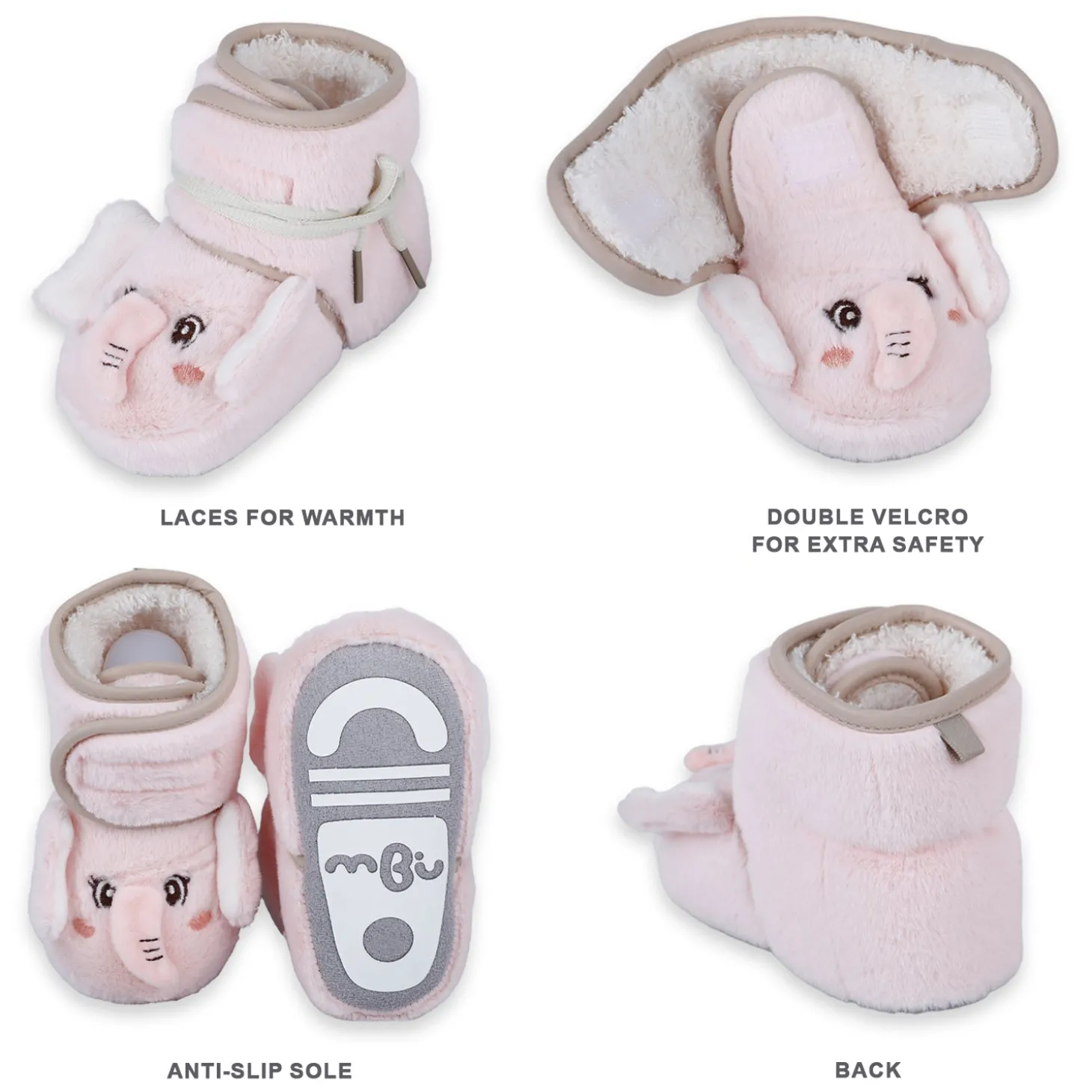 Baby Moo 3D Elephant Cozy Soft Velcro Furry Booties - Pink
