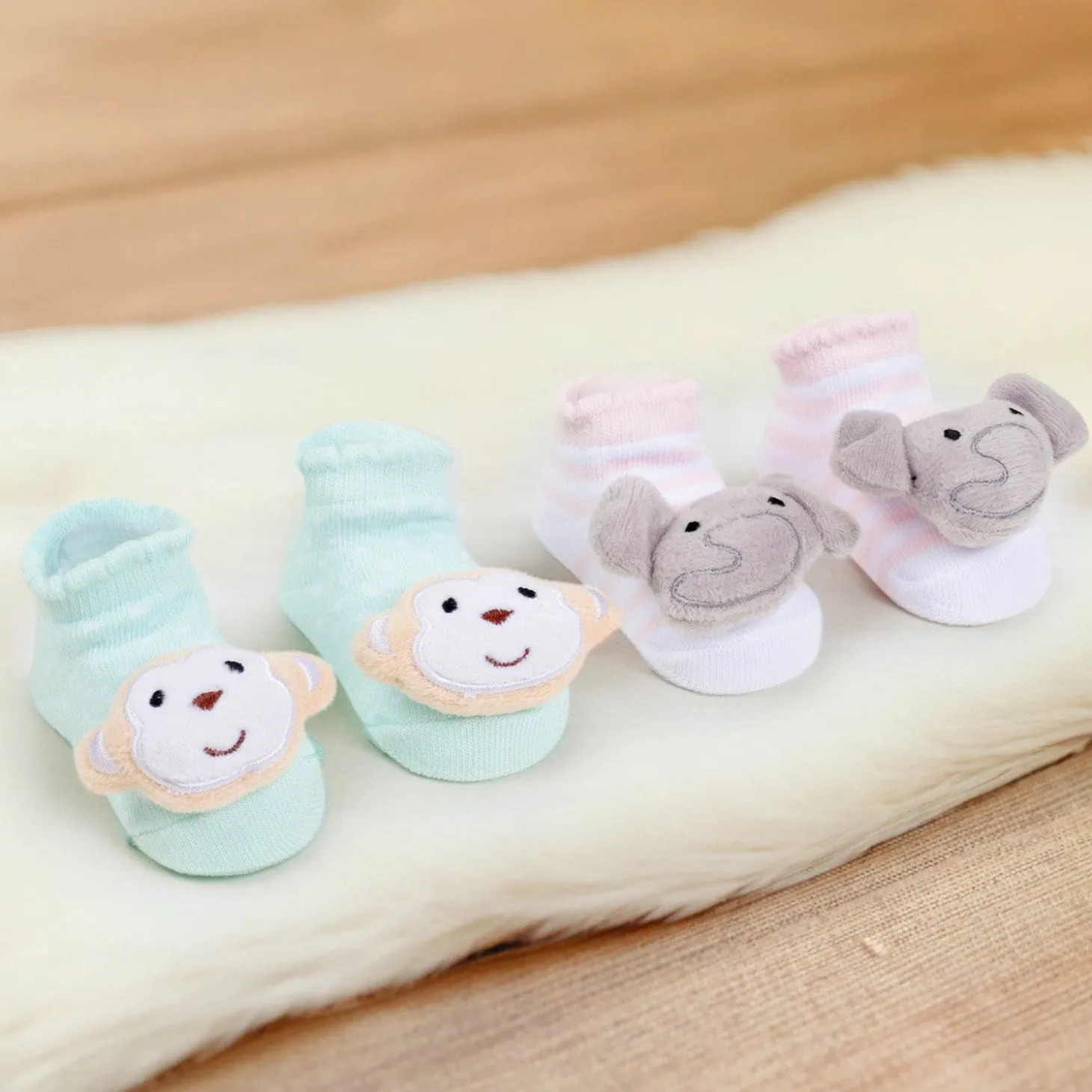 Baby Moo 3D Elephant Monkey Cotton Ankle Length Fancy Infant Gift Set of 2 Socks Booties - Turquoise, Pink