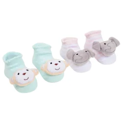 Baby Moo 3D Elephant Monkey Cotton Ankle Length Fancy Infant Gift Set of 2 Socks Booties - Turquoise, Pink