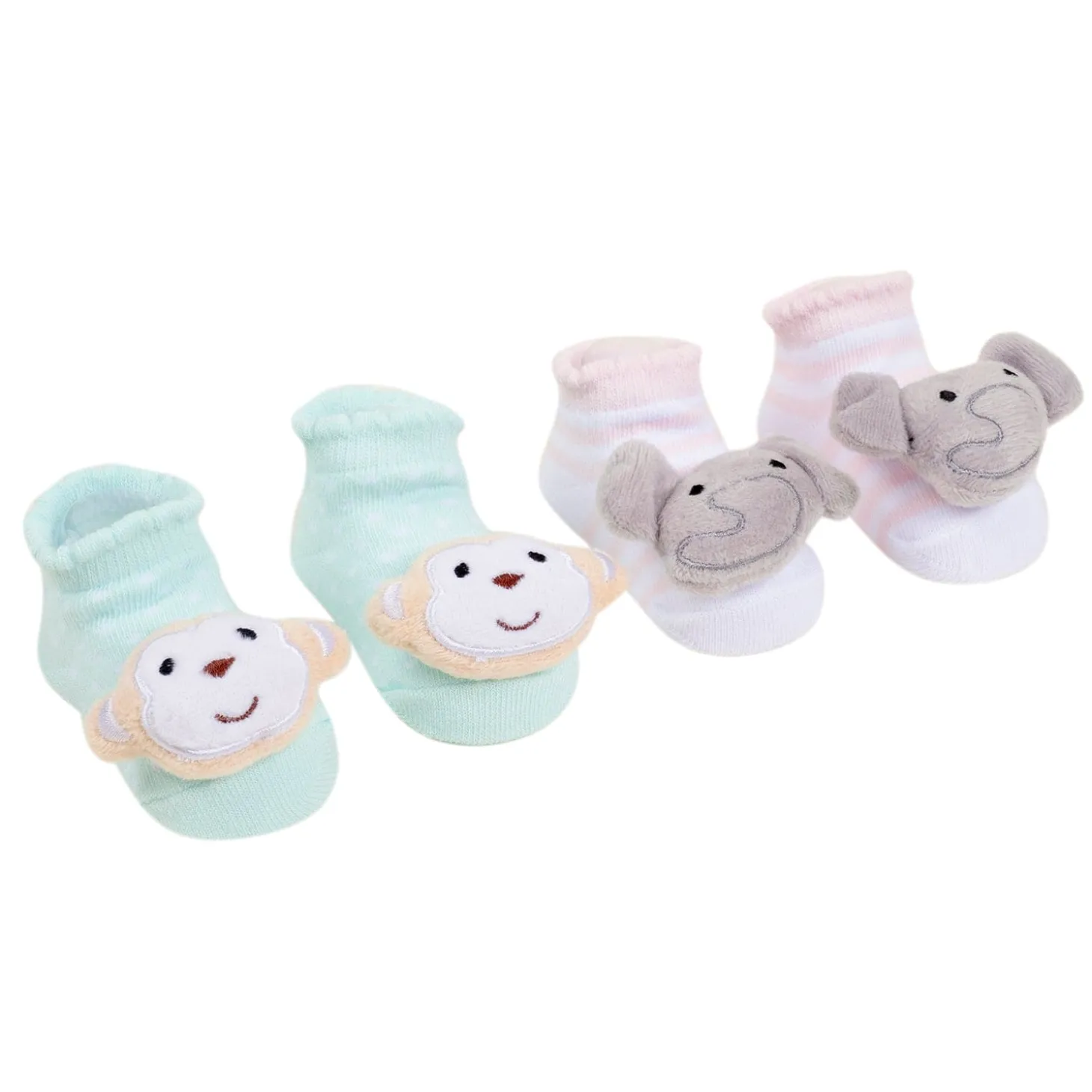 Baby Moo 3D Elephant Monkey Cotton Ankle Length Fancy Infant Gift Set of 2 Socks Booties - Turquoise, Pink
