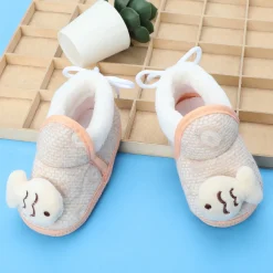 Baby Moo 3D Fish Soft Slip-On Anti-Skid Plush Warm Booties - Beige