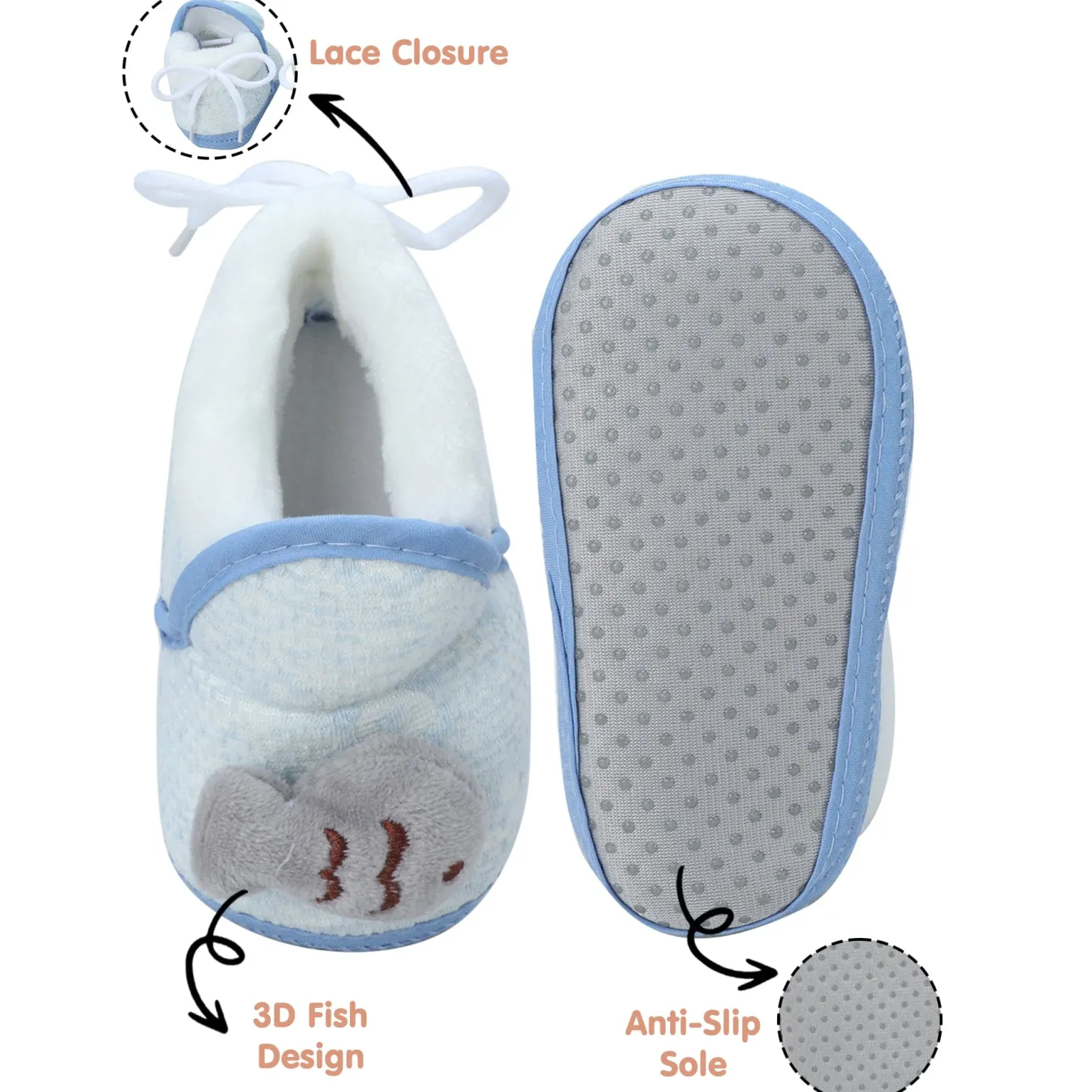 Baby Moo 3D Fish Soft Slip-On Anti-Skid Plush Warm Booties - Blue, Grey