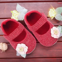 Baby Moo 3D Flower Button Velcro Strap Anti-Skid Ballerina Booties - Maroon