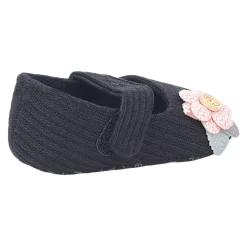 Baby Moo 3D Flower Button Velcro Strap Anti-Skid Ballerina Booties - Black