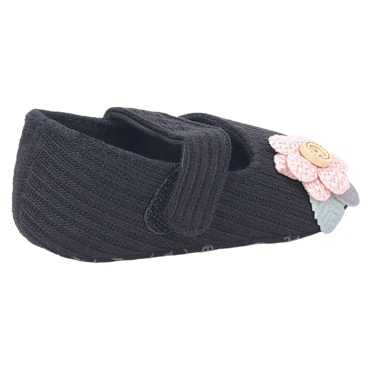 Baby Moo 3D Flower Button Velcro Strap Anti-Skid Ballerina Booties - Black