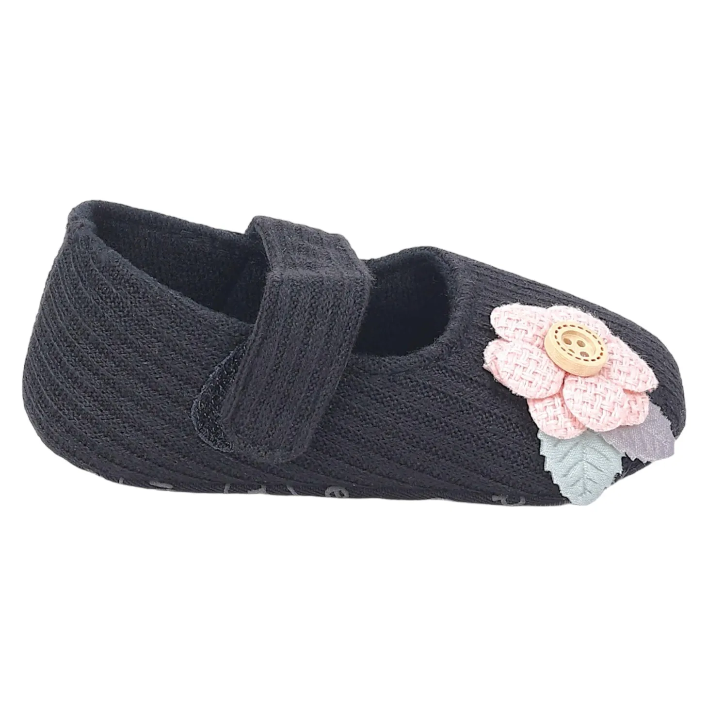 Baby Moo 3D Flower Button Velcro Strap Anti-Skid Ballerina Booties - Black