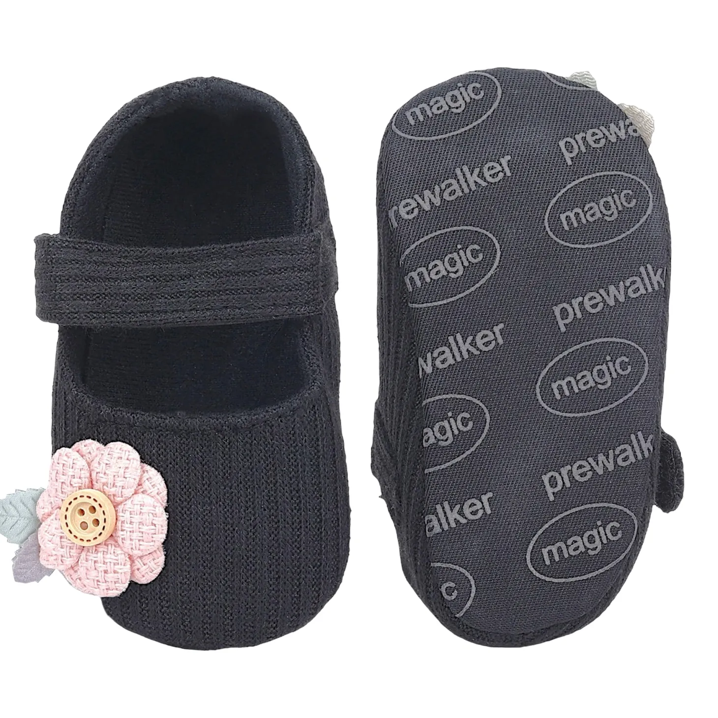 Baby Moo 3D Flower Button Velcro Strap Anti-Skid Ballerina Booties - Black