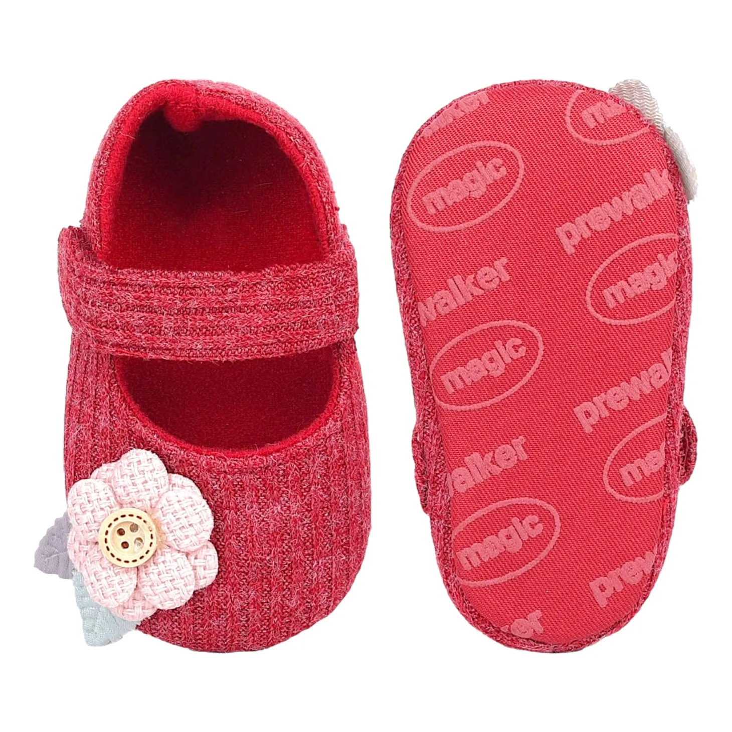 Baby Moo 3D Flower Button Velcro Strap Anti-Skid Ballerina Booties - Maroon
