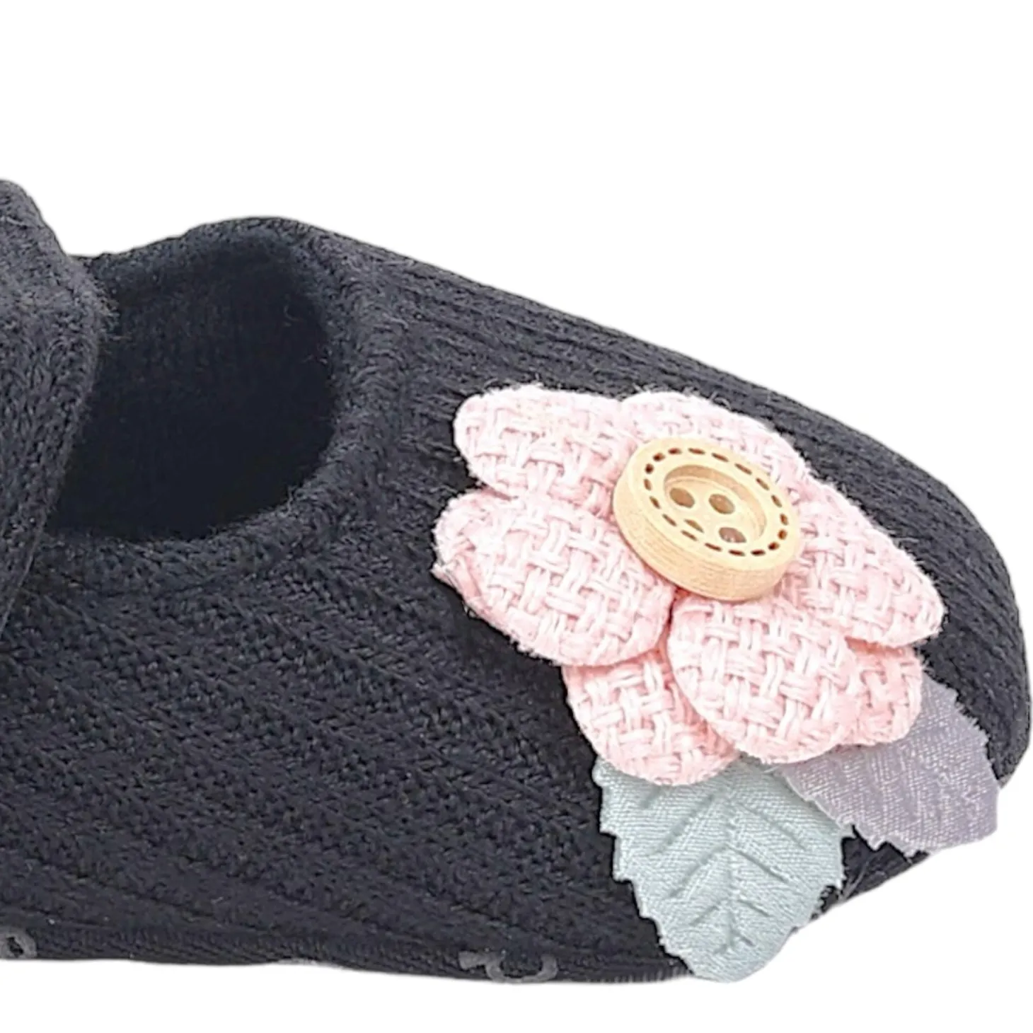Baby Moo 3D Flower Button Velcro Strap Anti-Skid Ballerina Booties - Black