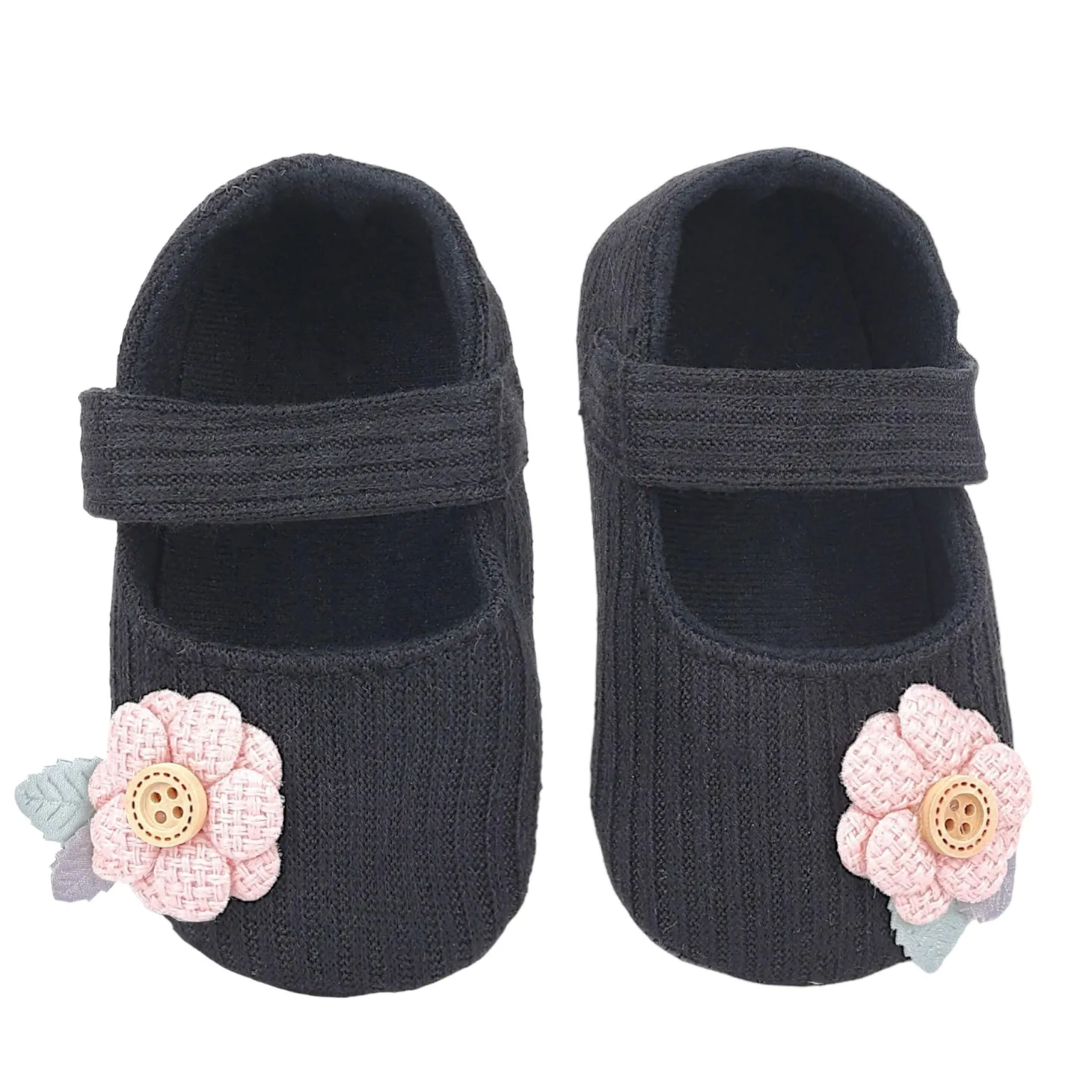 Baby Moo 3D Flower Button Velcro Strap Anti-Skid Ballerina Booties - Black