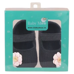 Baby Moo 3D Flower Button Velcro Strap Anti-Skid Ballerina Booties - Black