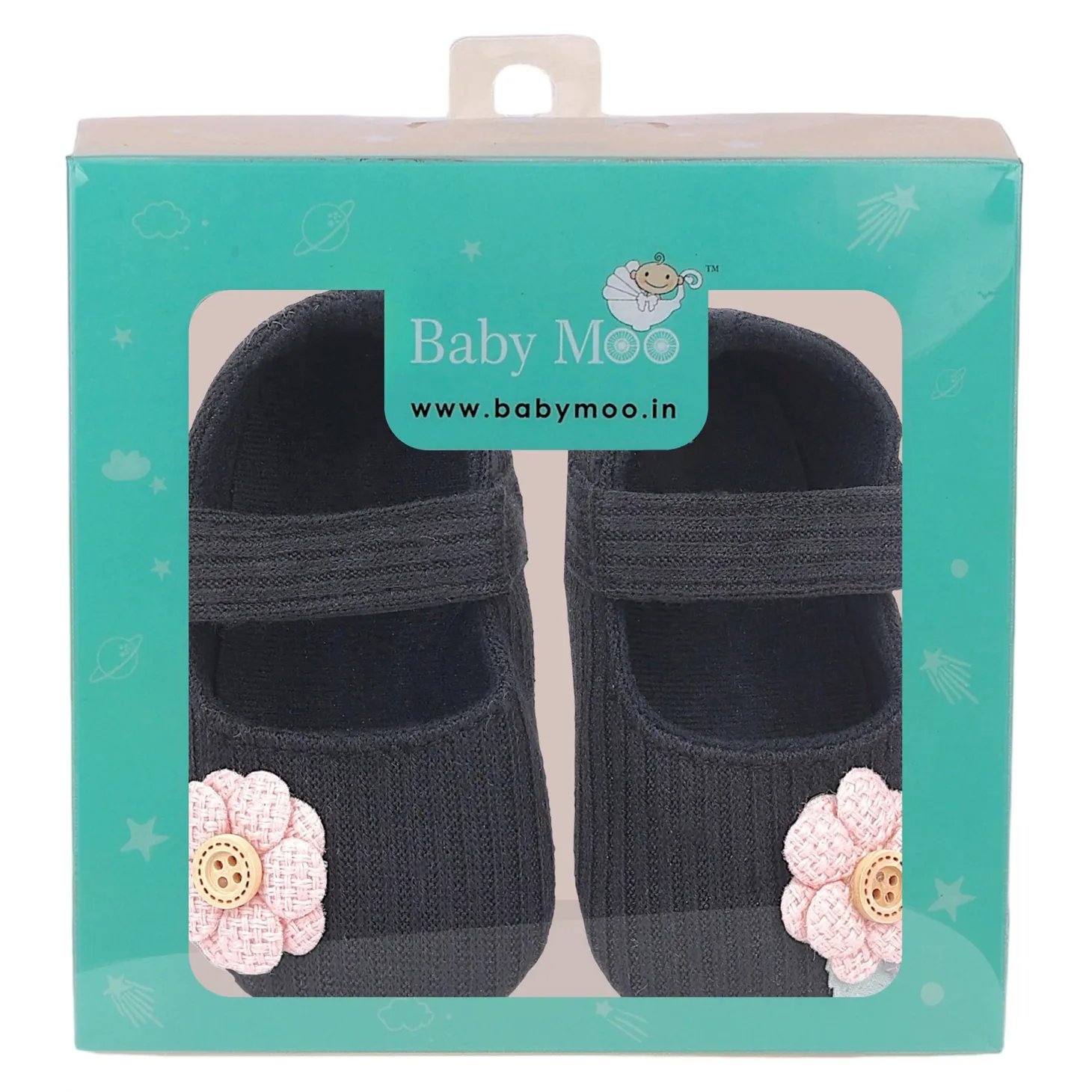 Baby Moo 3D Flower Button Velcro Strap Anti-Skid Ballerina Booties - Black