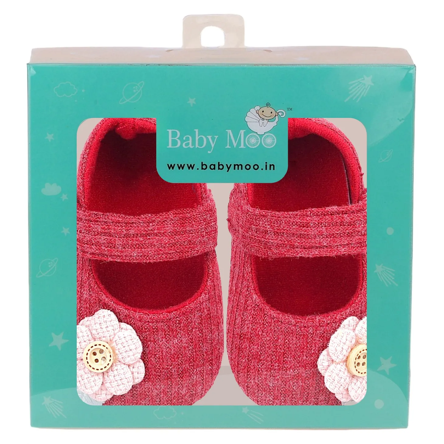 Baby Moo 3D Flower Button Velcro Strap Anti-Skid Ballerina Booties - Maroon