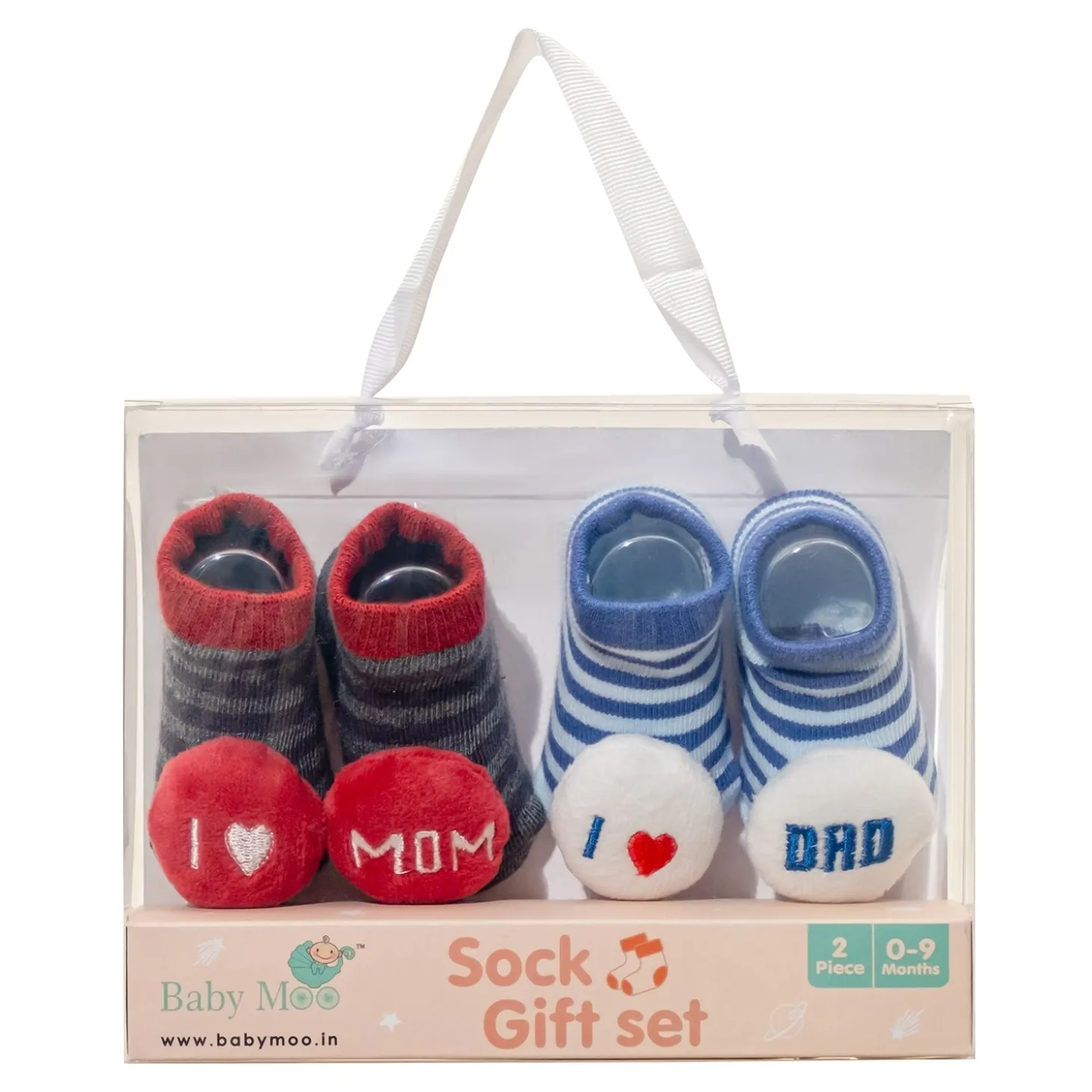 Baby Moo 3D I Love Mom Dad Cotton Ankle Length Fancy Infant Gift Set of 2 Socks Booties - Blue, Red