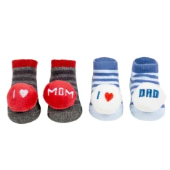 Baby Moo 3D I Love Mom Dad Cotton Ankle Length Fancy Infant Gift Set of 2 Socks Booties - Blue, Red