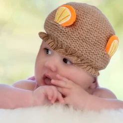 Baby Moo 3D Orange Ear With Tie Knot For Ear Cover Knitted Woolen Cap - Brown
