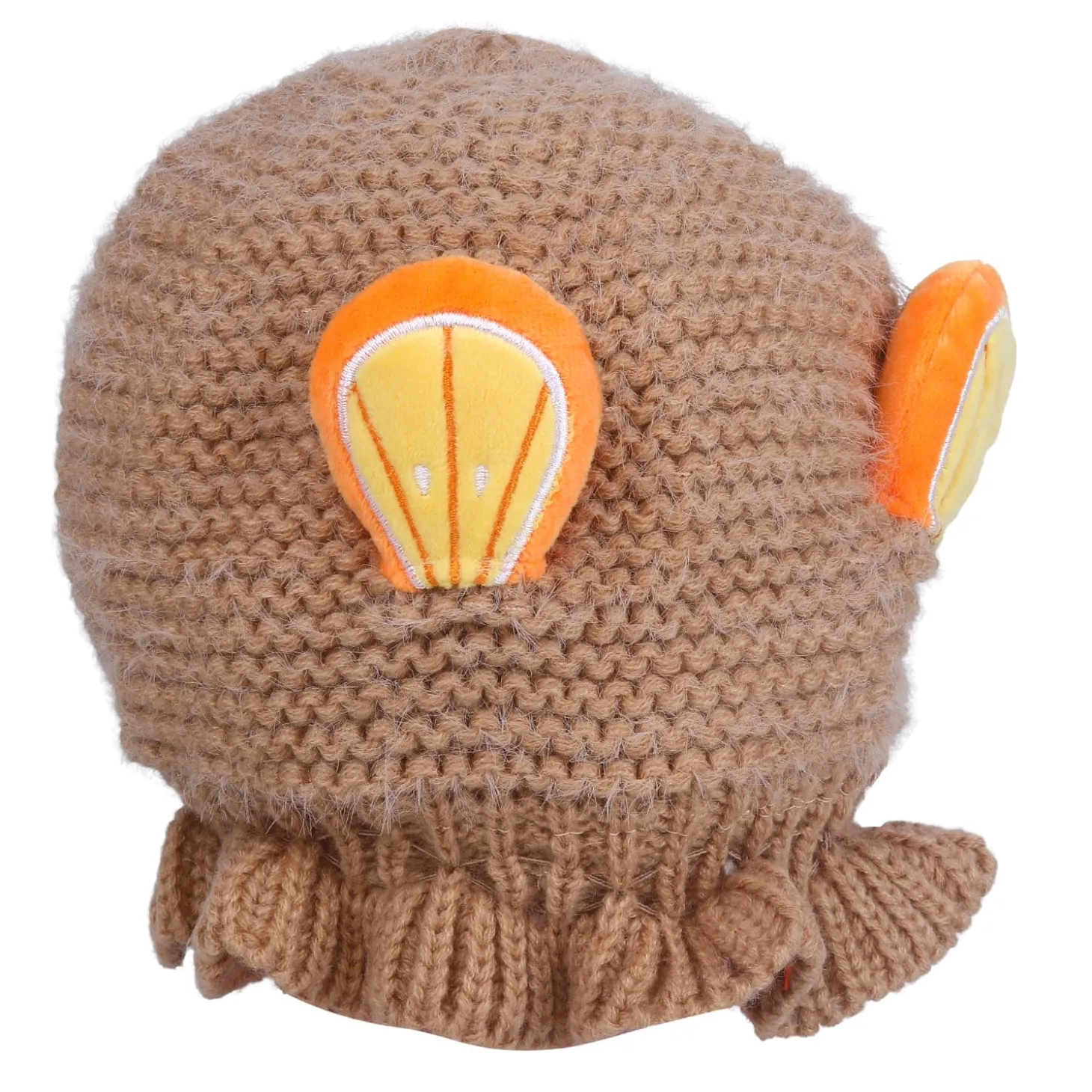 Baby Moo 3D Orange Ear With Tie Knot For Ear Cover Knitted Woolen Cap - Brown