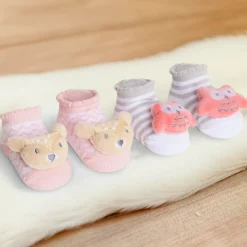 Baby Moo 3D Owl And Teddy Cotton Ankle Length Fancy Infant Gift Set of 2 Socks Booties - Grey, Pink