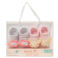 Baby Moo 3D Owl And Teddy Cotton Ankle Length Fancy Infant Gift Set of 2 Socks Booties - Grey, Pink