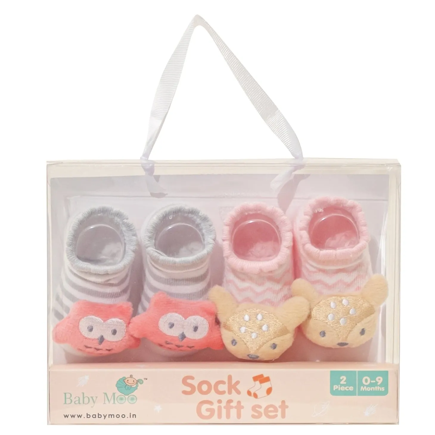 Baby Moo 3D Owl And Teddy Cotton Ankle Length Fancy Infant Gift Set of 2 Socks Booties - Grey, Pink