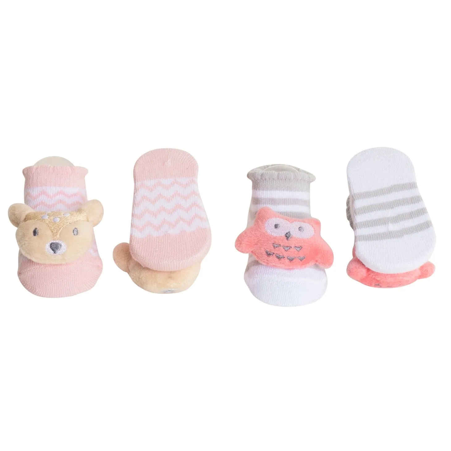 Baby Moo 3D Owl And Teddy Cotton Ankle Length Fancy Infant Gift Set of 2 Socks Booties - Grey, Pink