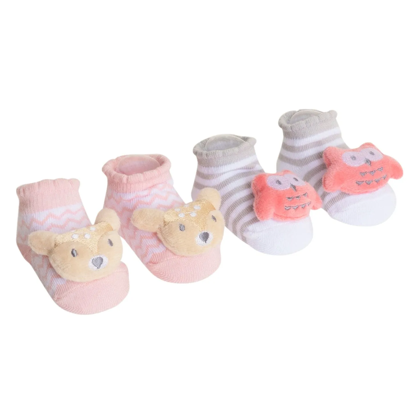Baby Moo 3D Owl And Teddy Cotton Ankle Length Fancy Infant Gift Set of 2 Socks Booties - Grey, Pink