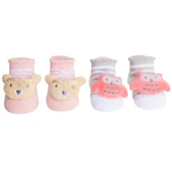 Baby Moo 3D Owl And Teddy Cotton Ankle Length Fancy Infant Gift Set of 2 Socks Booties - Grey, Pink