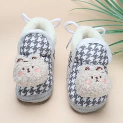 Baby Moo 3D Poodle Dog Houndstooth Soft Slip-On Anti-Skid Plush Warm Booties - Grey
