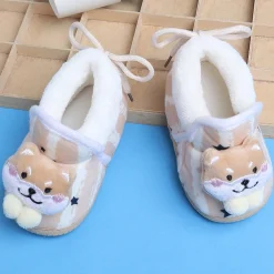 Baby Moo 3D Teddy Broad Stripes Soft Slip-On Anti-Skid Plush Warm Booties - Beige