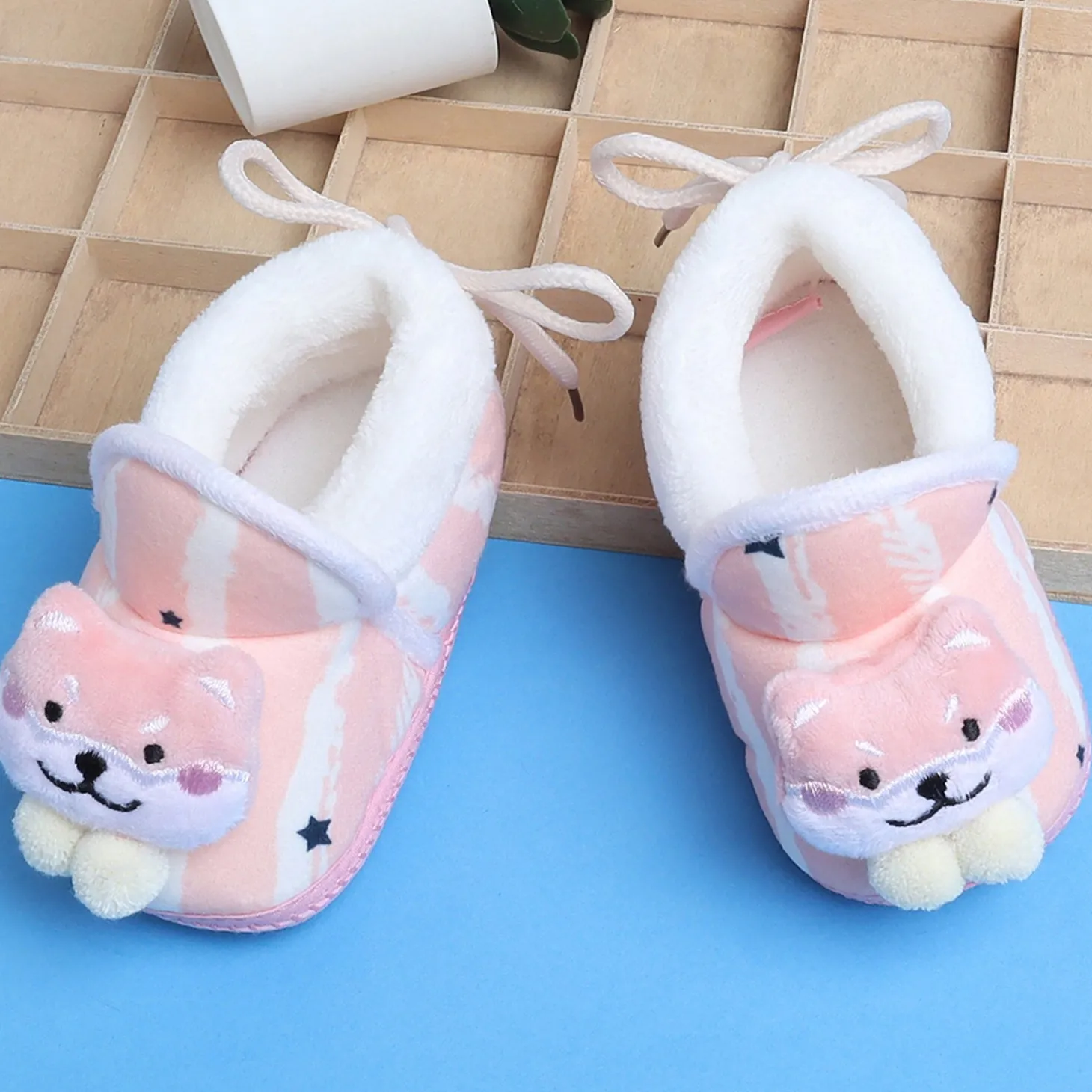 Baby Moo 3D Teddy Broad Stripes Soft Slip-On Anti-Skid Plush Warm Booties - Peach