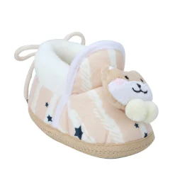 Baby Moo 3D Teddy Broad Stripes Soft Slip-On Anti-Skid Plush Warm Booties - Beige