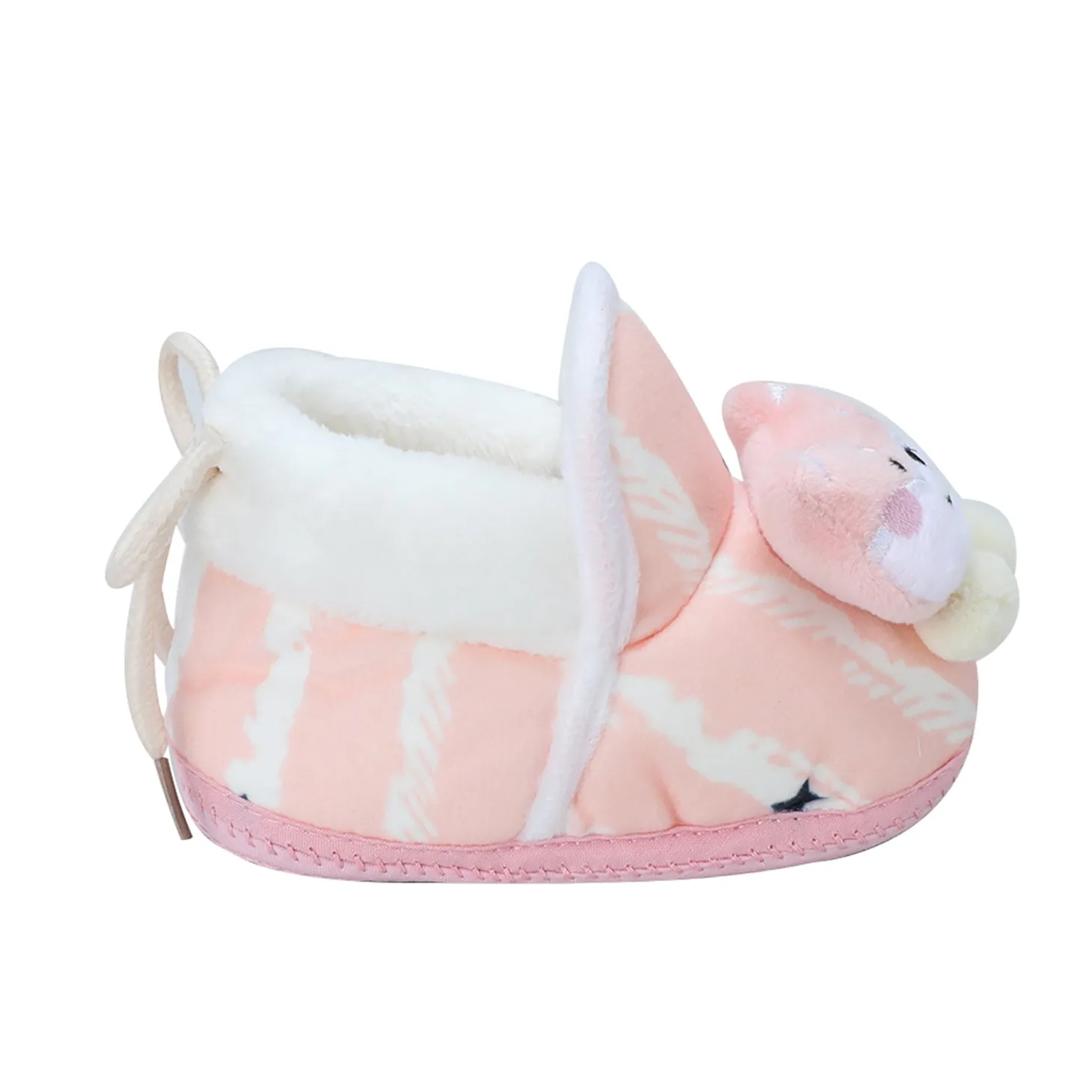 Baby Moo 3D Teddy Broad Stripes Soft Slip-On Anti-Skid Plush Warm Booties - Peach