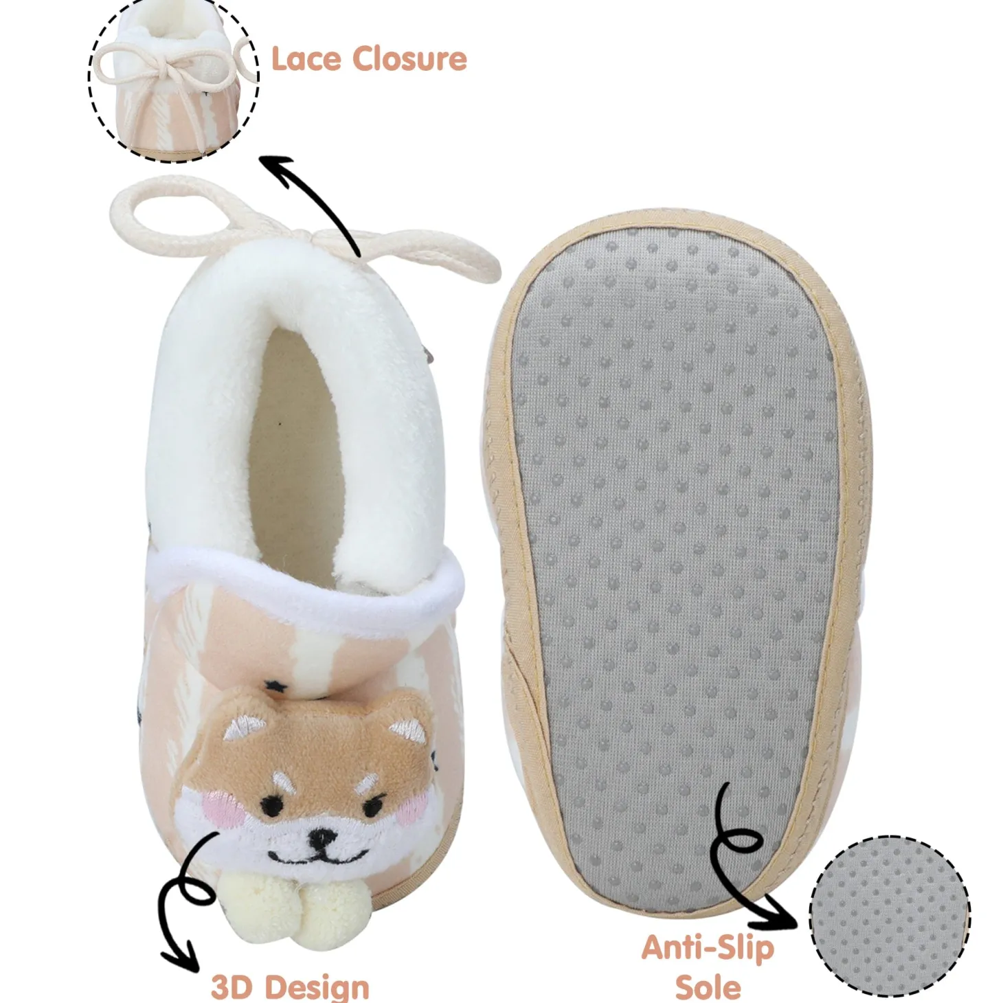 Baby Moo 3D Teddy Broad Stripes Soft Slip-On Anti-Skid Plush Warm Booties - Beige