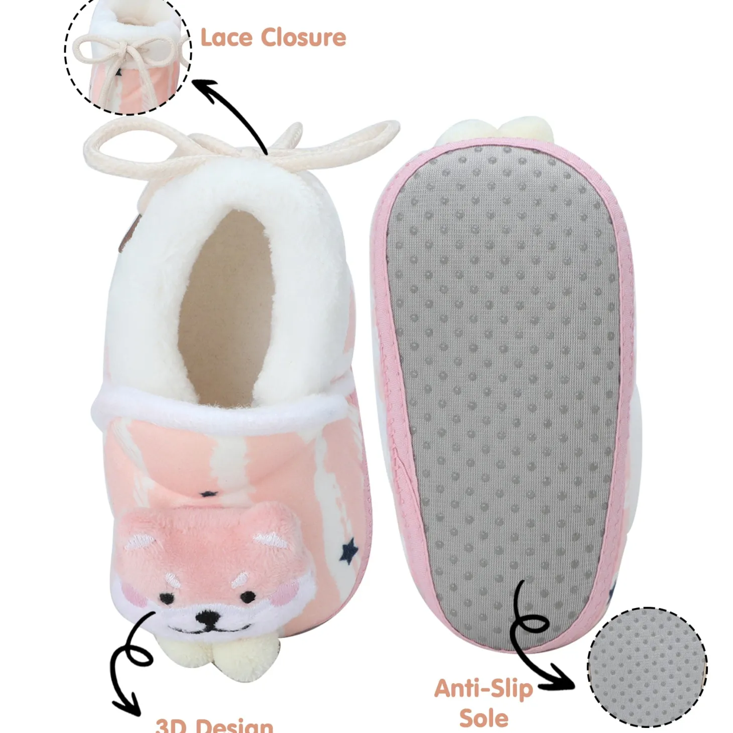 Baby Moo 3D Teddy Broad Stripes Soft Slip-On Anti-Skid Plush Warm Booties - Peach