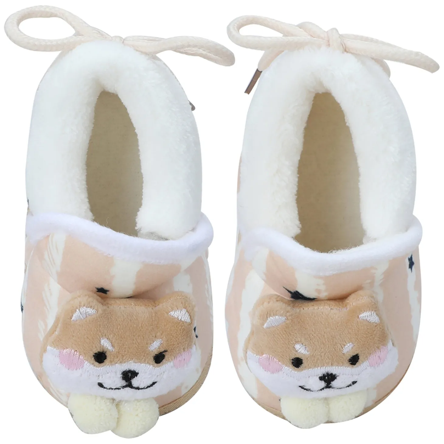 Baby Moo 3D Teddy Broad Stripes Soft Slip-On Anti-Skid Plush Warm Booties - Beige