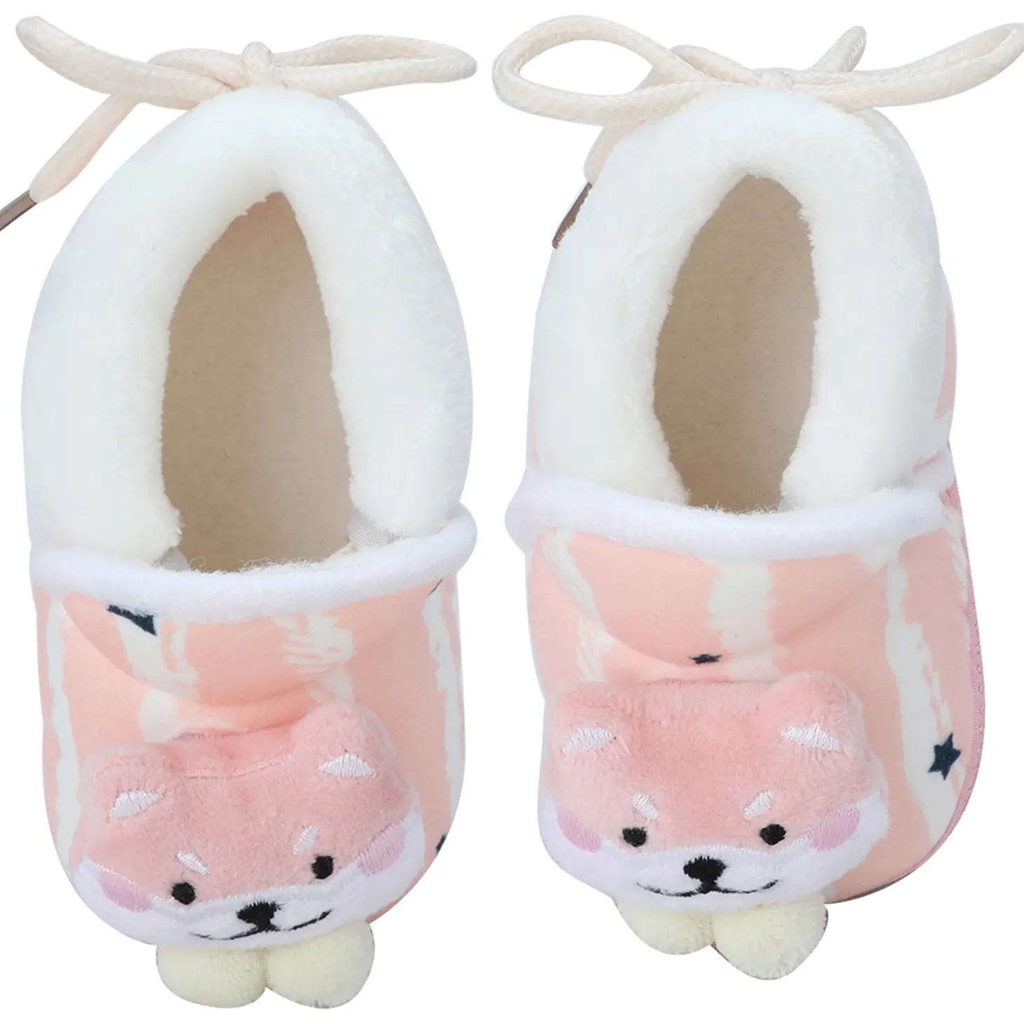 Baby Moo 3D Teddy Broad Stripes Soft Slip-On Anti-Skid Plush Warm Booties - Peach