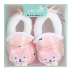 Baby Moo 3D Teddy Broad Stripes Soft Slip-On Anti-Skid Plush Warm Booties - Peach