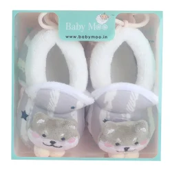 Baby Moo 3D Teddy Broad Stripes Soft Slip-On Anti-Skid Plush Warm Booties - Grey
