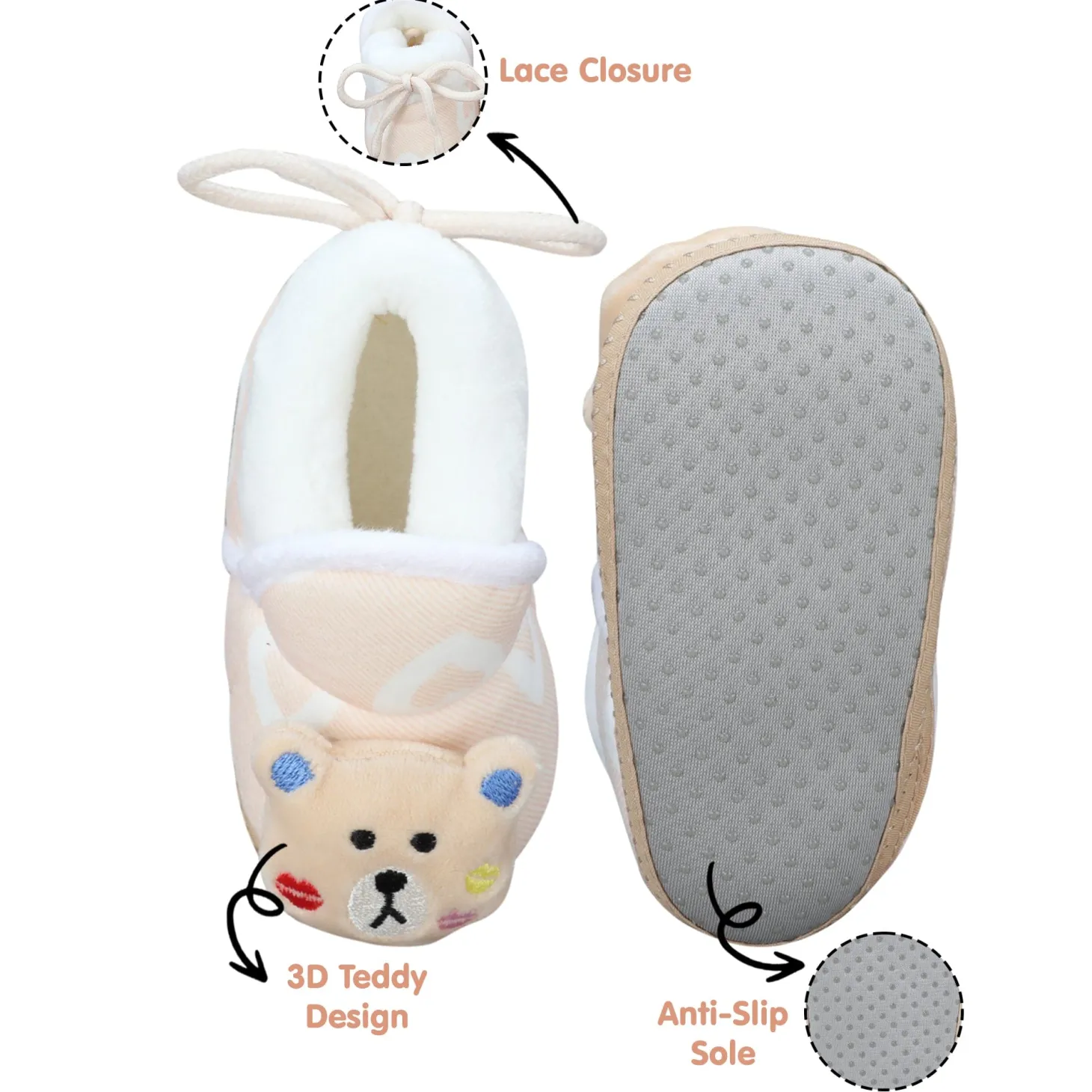 Baby Moo 3D Teddy Buddy Soft Slip-On Anti-Skid Plush Warm Booties - Beige