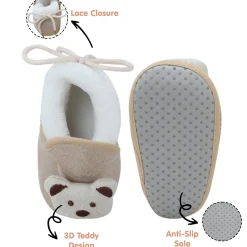Baby Moo 3D Teddy Soft Slip-On Anti-Skid Plush Warm Booties - Beige