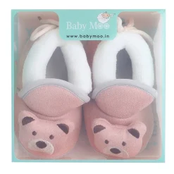 Baby Moo 3D Teddy Soft Slip-On Anti-Skid Plush Warm Booties - Mauve