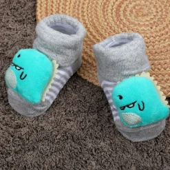 Baby Moo Dino Cotton Anti-Skid 3D Socks - Grey