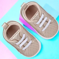 Baby Moo Dotted Breathable Lace-Up Design Anti-Skid Vegan Leather Sneakers - Gold
