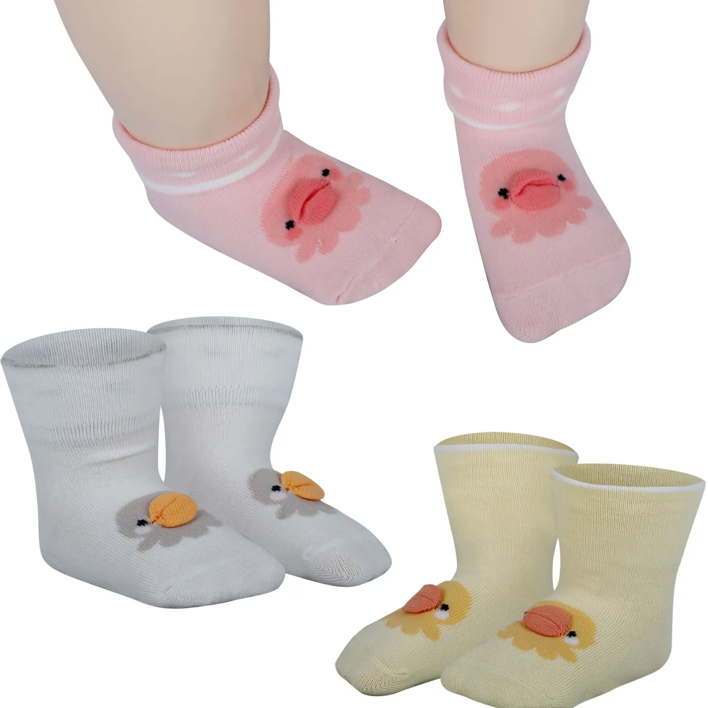 Baby Moo Duck 3D Anti-Skid Socks Booties Pack of 3 - Pink