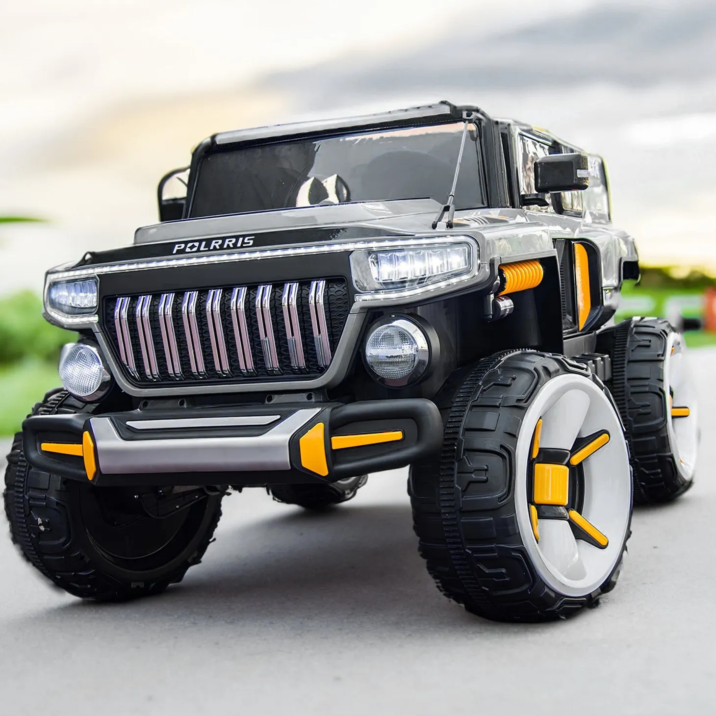 Baby Moo Electric Ride-on Jeep for Kids With Rechargeable 12V Battery, LED Lights, Music and USB Port Remote Control Double Seat - Grey